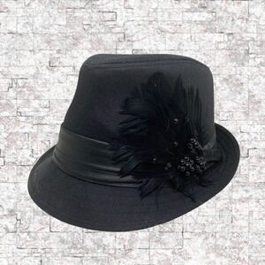 Black Fedora Gangster Hat Trilby Cuban Cotton Blend Hip Hop Feather Band Cap